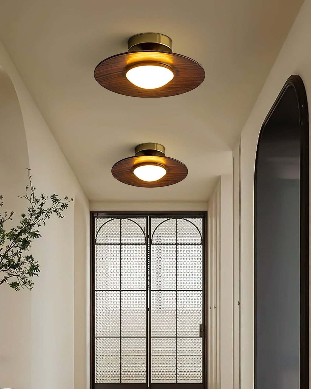Round LED Ceiling Light — Wood-Look Finish, Gold Frame, 24cm