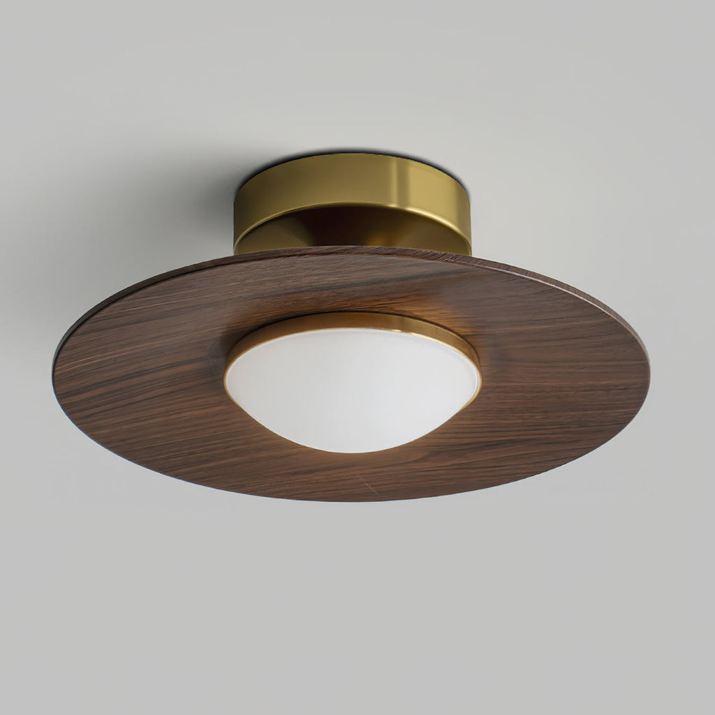 Round LED Ceiling Light — Wood-Look Finish, Gold Frame, 24cm