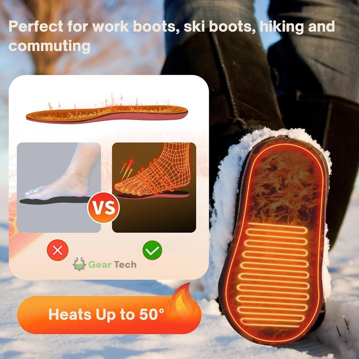 Rechargeable Heated Boot Insoles — Dual Heating Elements, Bulk-Free Fit