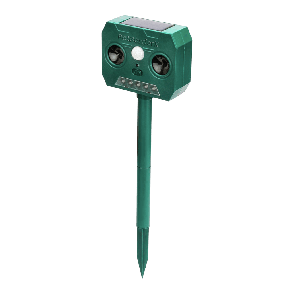 ソーラー式モーション作動ペット撃退器 — 超音波音と点滅LEDライト