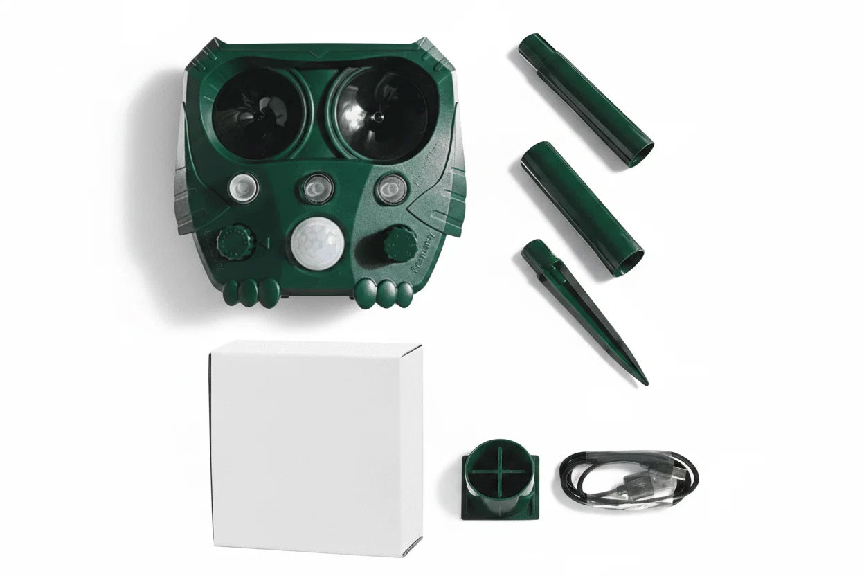 Solar Motion Activated Pigeon Deterrent – Ultrasonic Frequency Emitter and Flashing Warning Lights