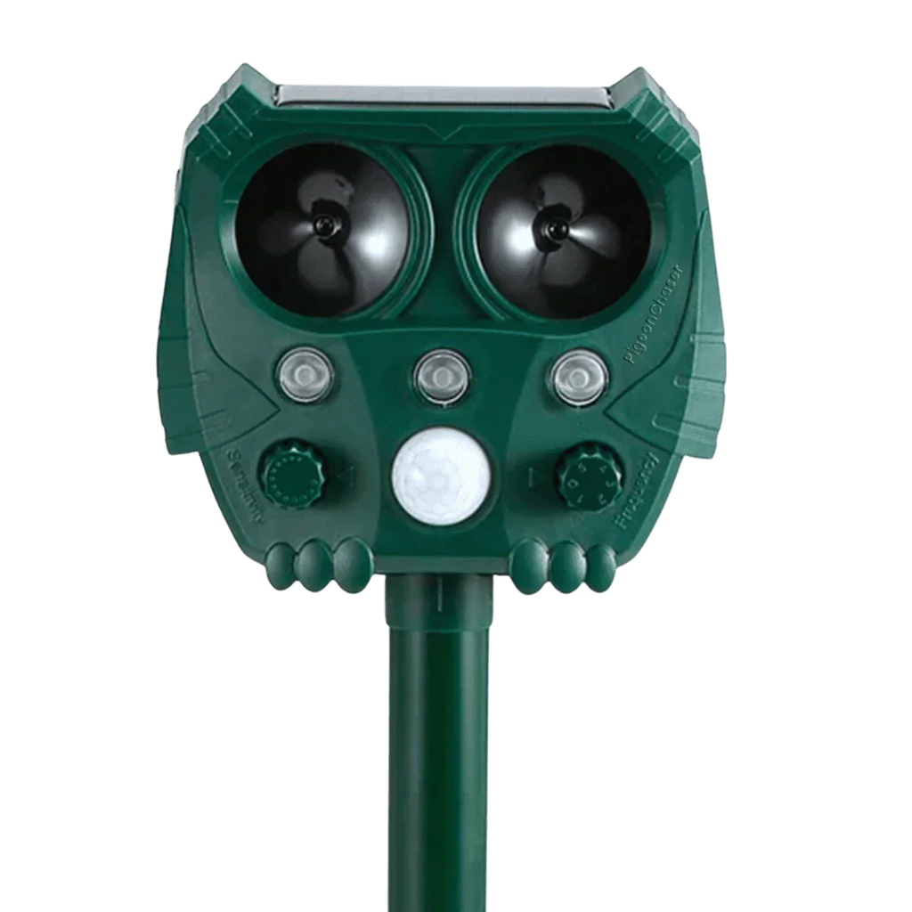 Solar Motion Activated Pigeon Deterrent – Ultrasonic Frequency Emitter and Flashing Warning Lights