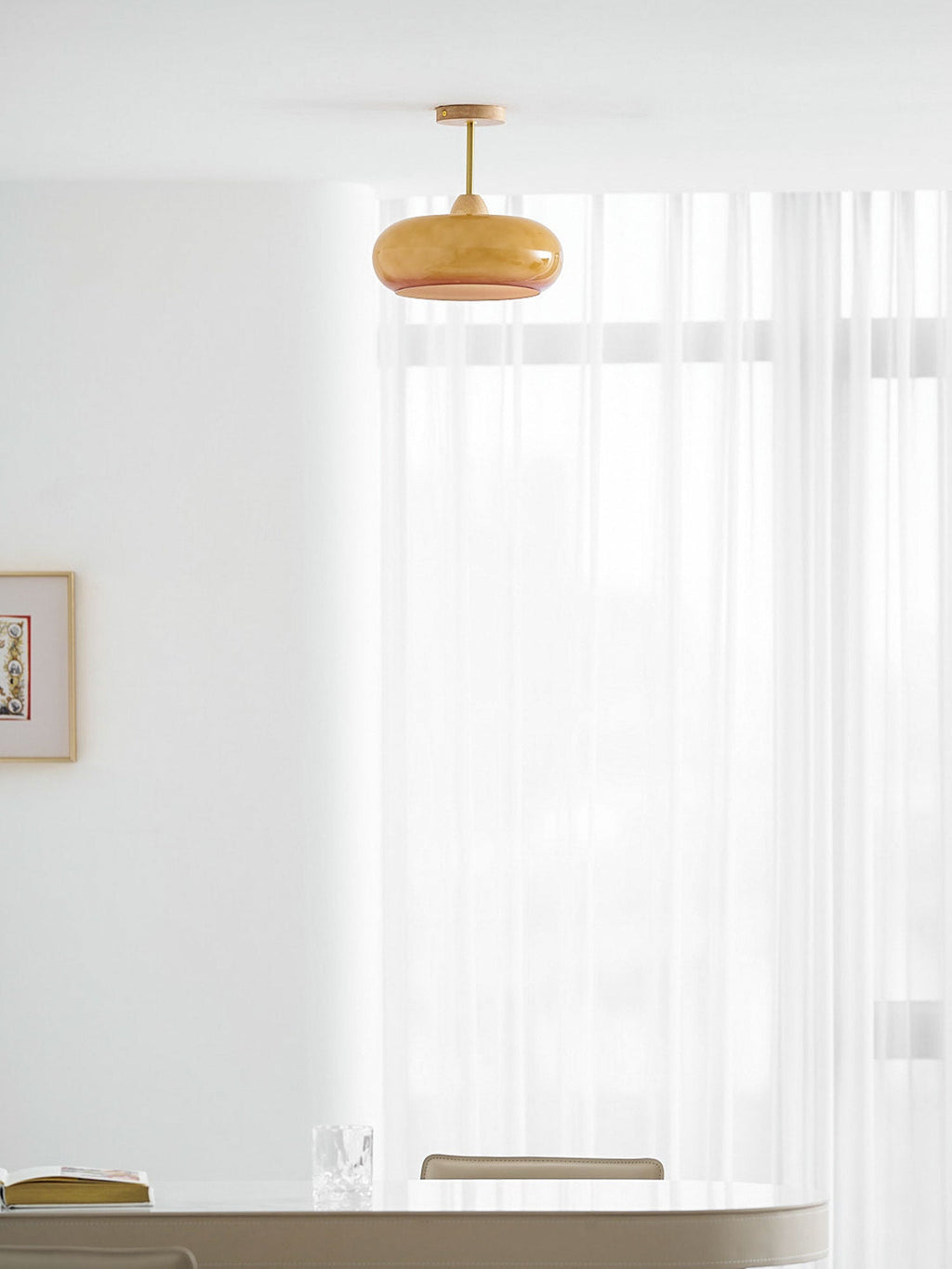 Bauhaus Ceiling Lamp — Glass and Wood Disc Design, 28cm Diameter, White or Orange