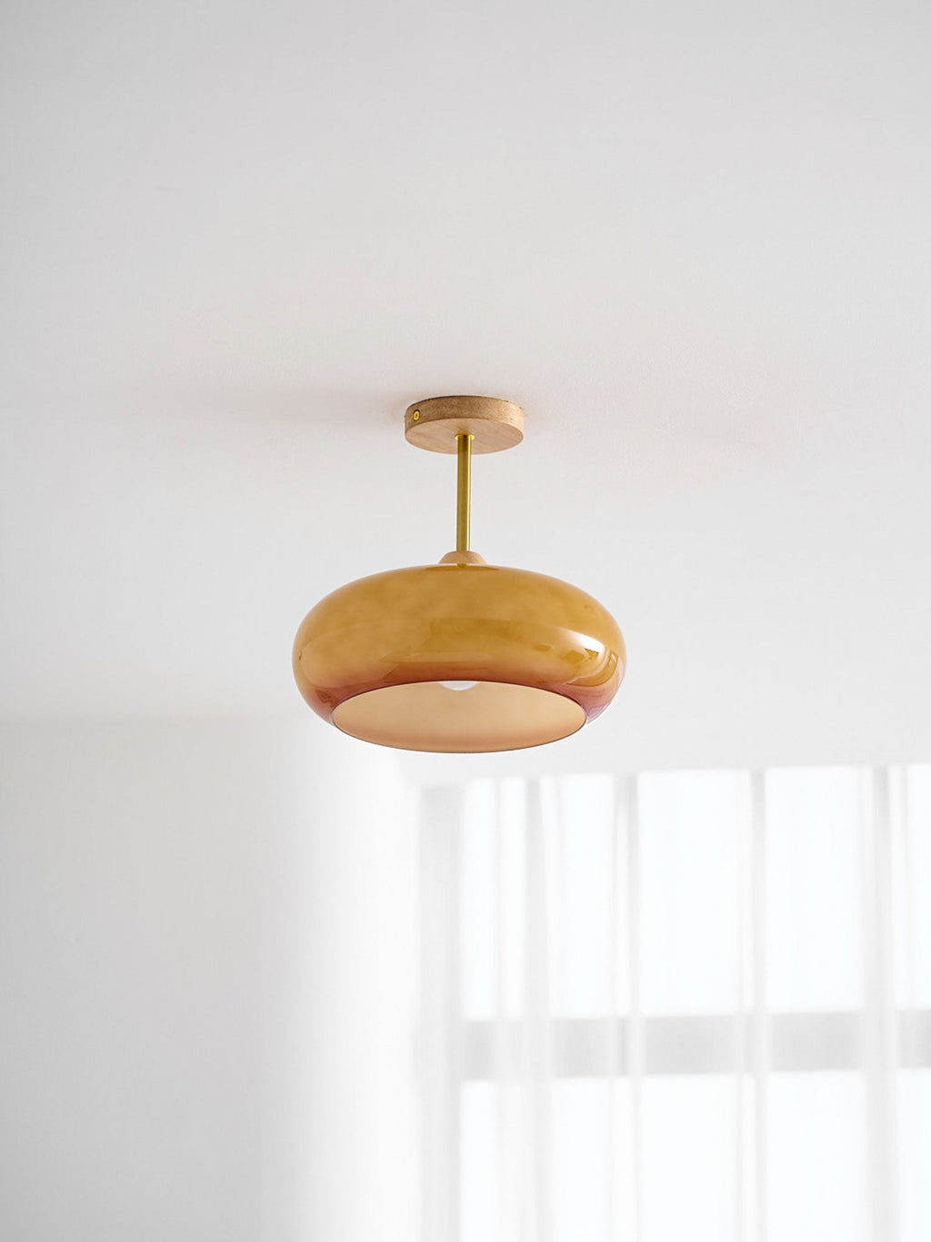 Bauhaus Ceiling Lamp — Glass and Wood Disc Design, 28cm Diameter, White or Orange