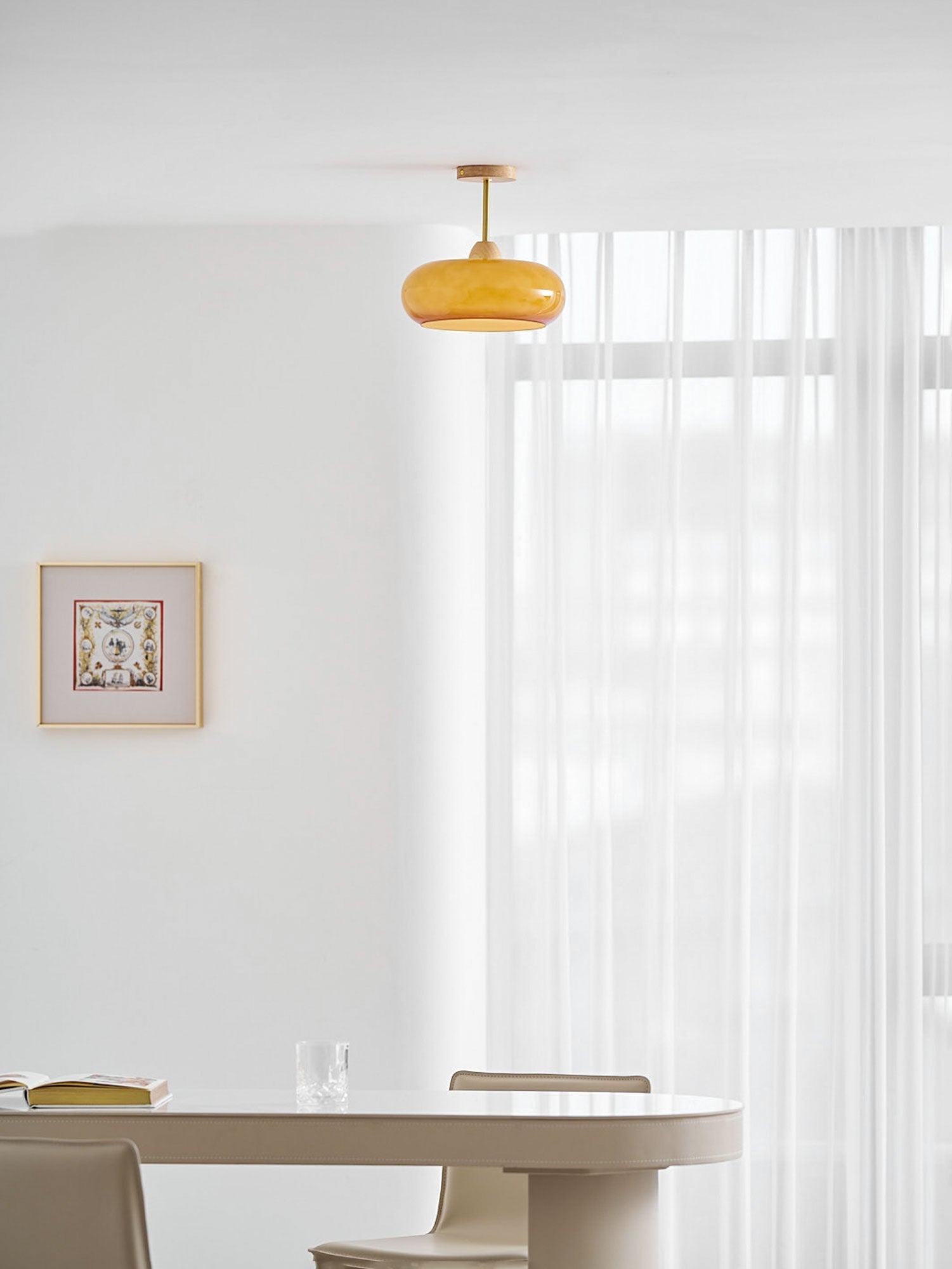 Bauhaus Ceiling Lamp — Glass and Wood Disc Design, 28cm Diameter, White or Orange