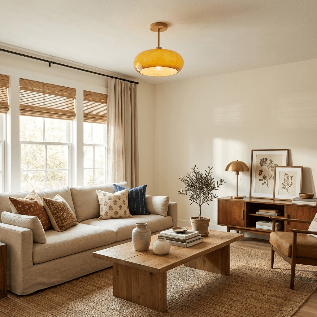 Bauhaus Ceiling Lamp — Glass and Wood Disc Design, 28cm Diameter, White or Orange