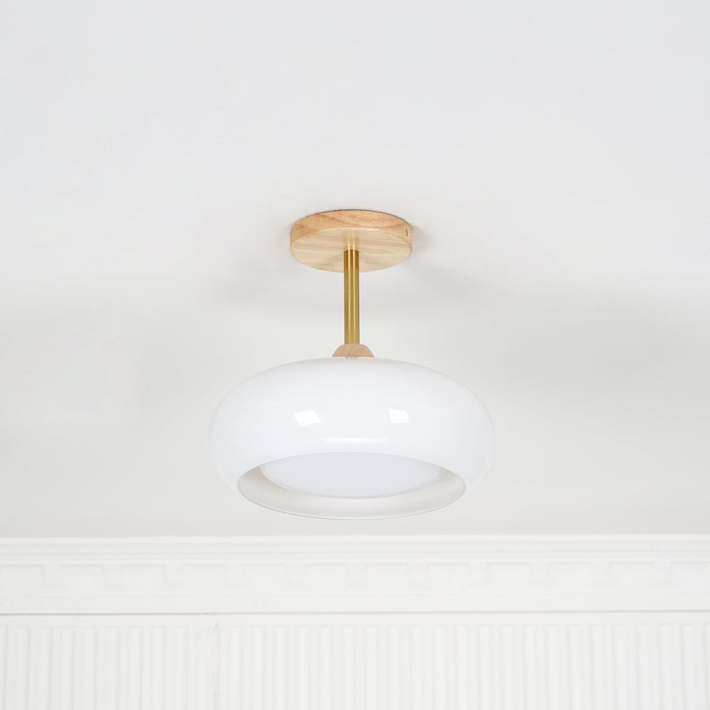 Bauhaus Ceiling Lamp — Glass and Wood Disc Design, 28cm Diameter, White or Orange