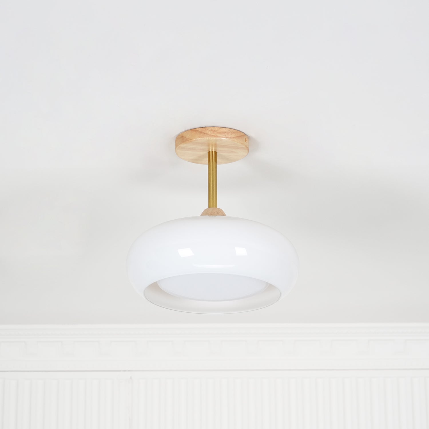 Bauhaus Ceiling Lamp — Glass and Wood Disc Design, 28cm Diameter, White or Orange