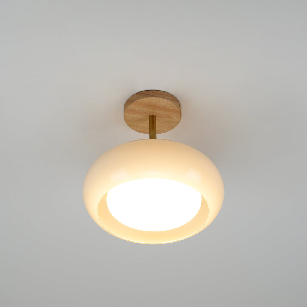 Bauhaus Ceiling Lamp — Glass and Wood Disc Design, 28cm Diameter, White or Orange