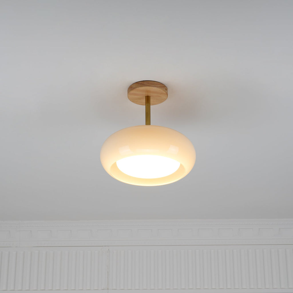 Bauhaus Ceiling Lamp — Glass and Wood Disc Design, 28cm Diameter, White or Orange