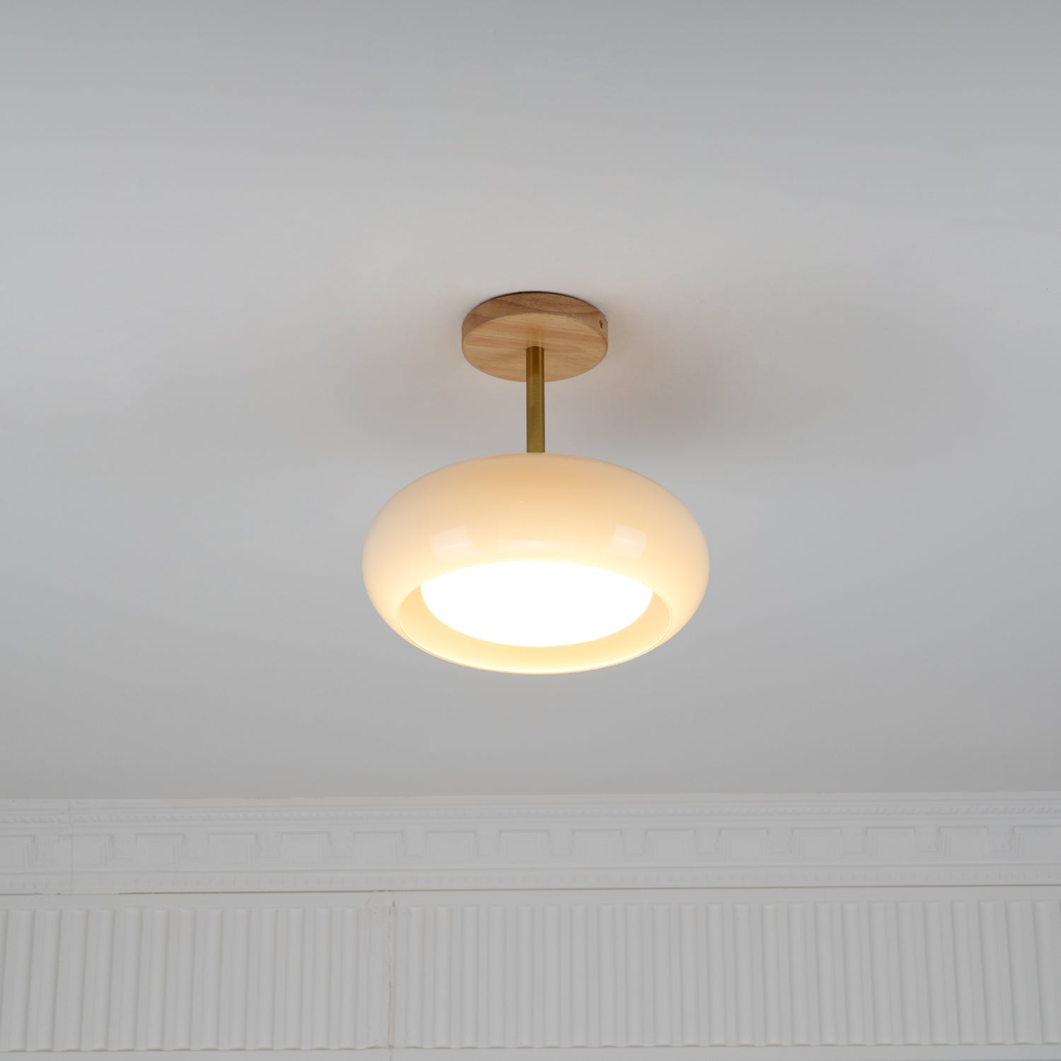 Bauhaus Ceiling Lamp — Glass and Wood Disc Design, 28cm Diameter, White or Orange