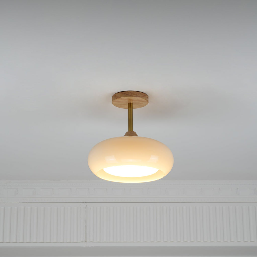 Bauhaus Ceiling Lamp — Glass and Wood Disc Design, 28cm Diameter, White or Orange