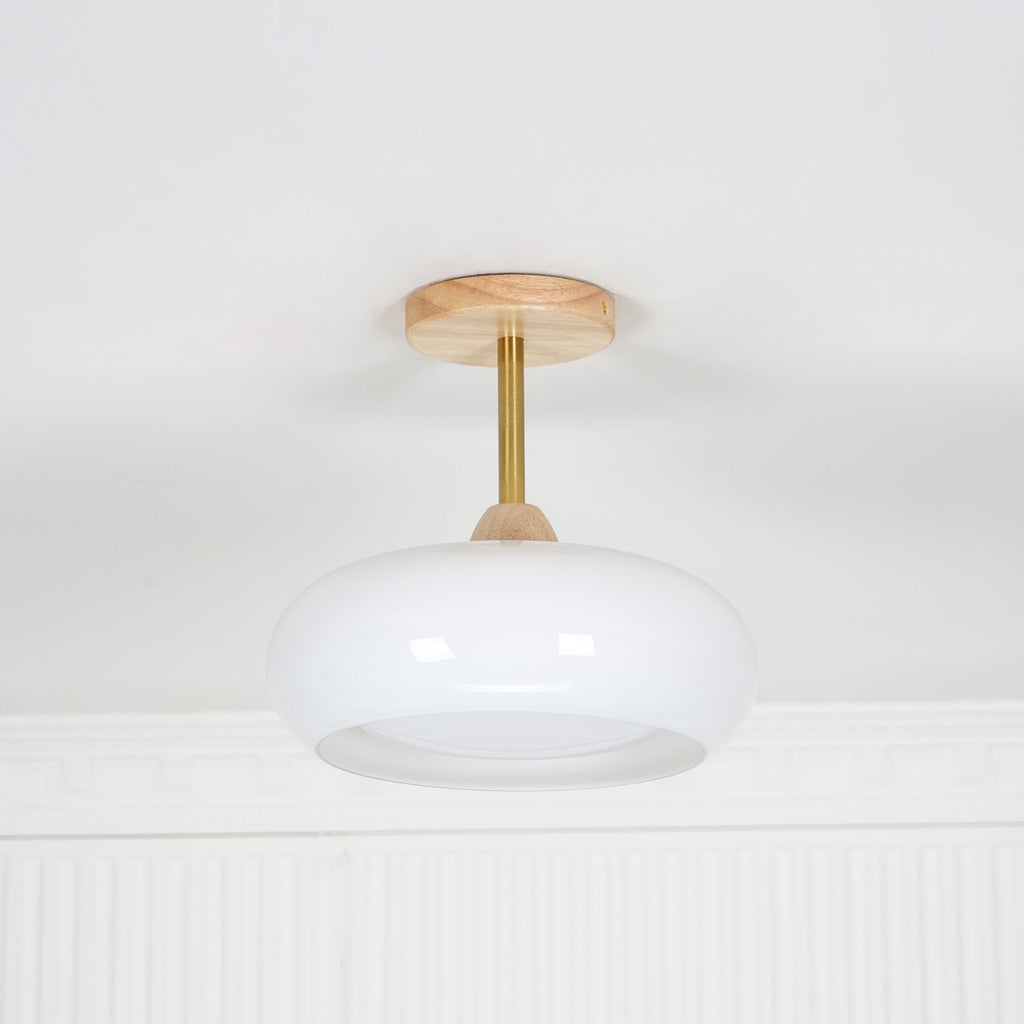 Bauhaus Ceiling Lamp — Glass and Wood Disc Design, 28cm Diameter, White or Orange