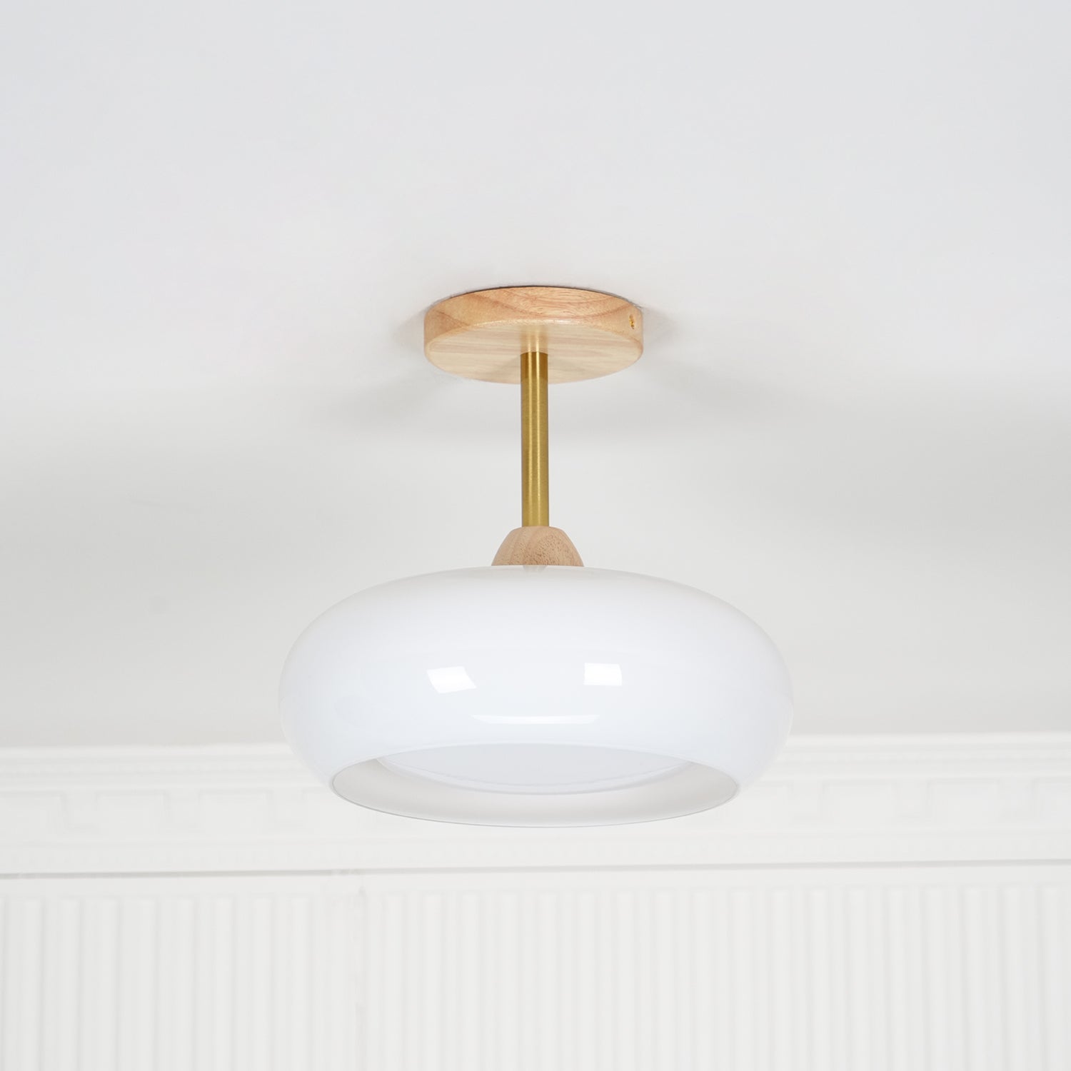 Bauhaus Ceiling Lamp — Glass and Wood Disc Design, 28cm Diameter, White or Orange