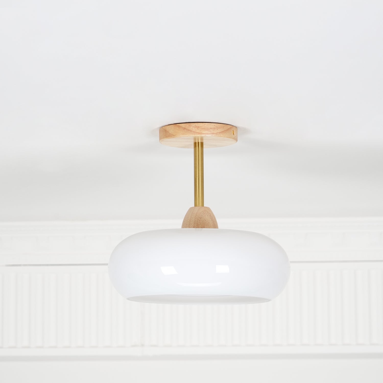 Bauhaus Ceiling Lamp — Glass and Wood Disc Design, 28cm Diameter, White or Orange