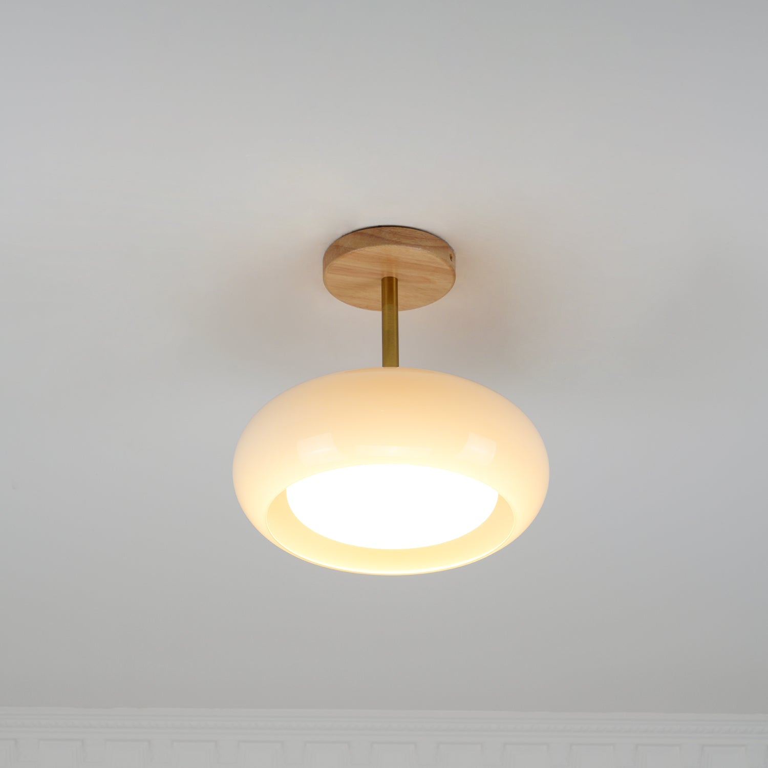 Bauhaus Ceiling Lamp — Glass and Wood Disc Design, 28cm Diameter, White or Orange