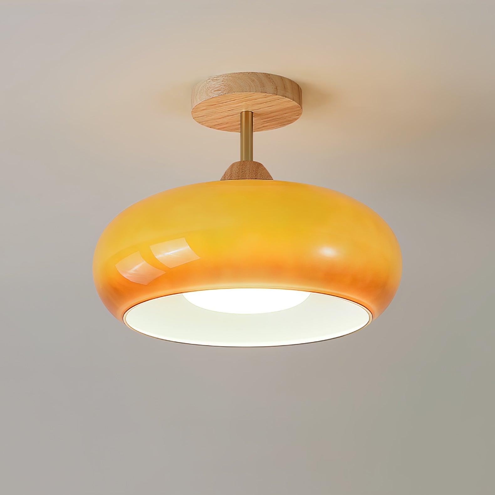 Bauhaus Ceiling Lamp — Glass and Wood Disc Design, 28cm Diameter, White or Orange