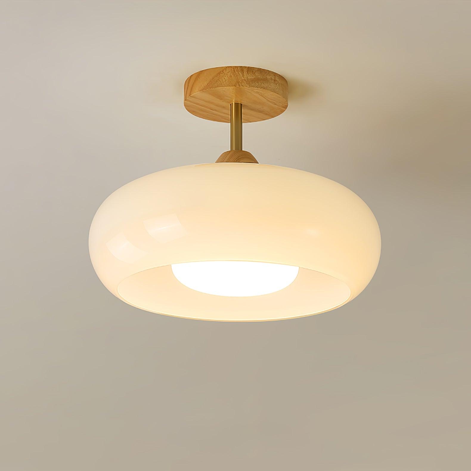Bauhaus Ceiling Lamp — Glass and Wood Disc Design, 28cm Diameter, White or Orange