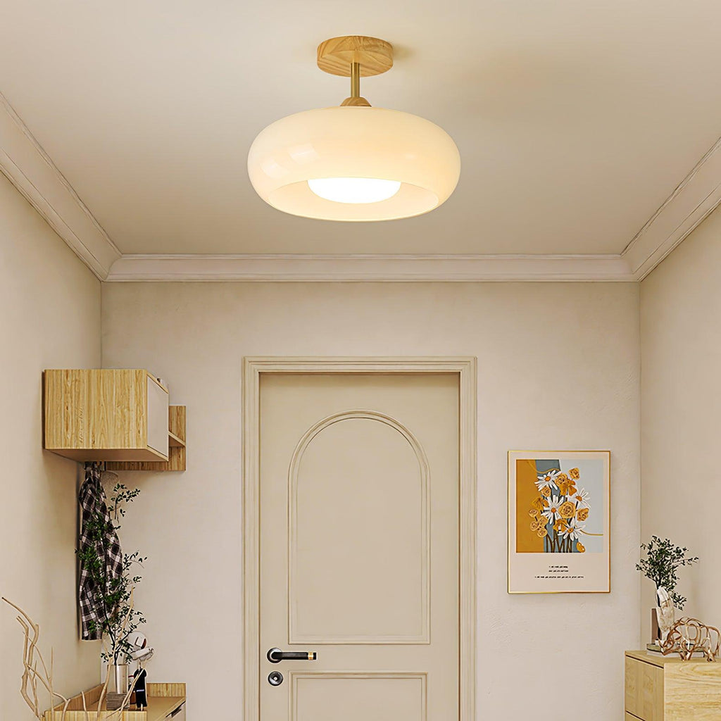 Bauhaus Ceiling Lamp — Glass and Wood Disc Design, 28cm Diameter, White or Orange