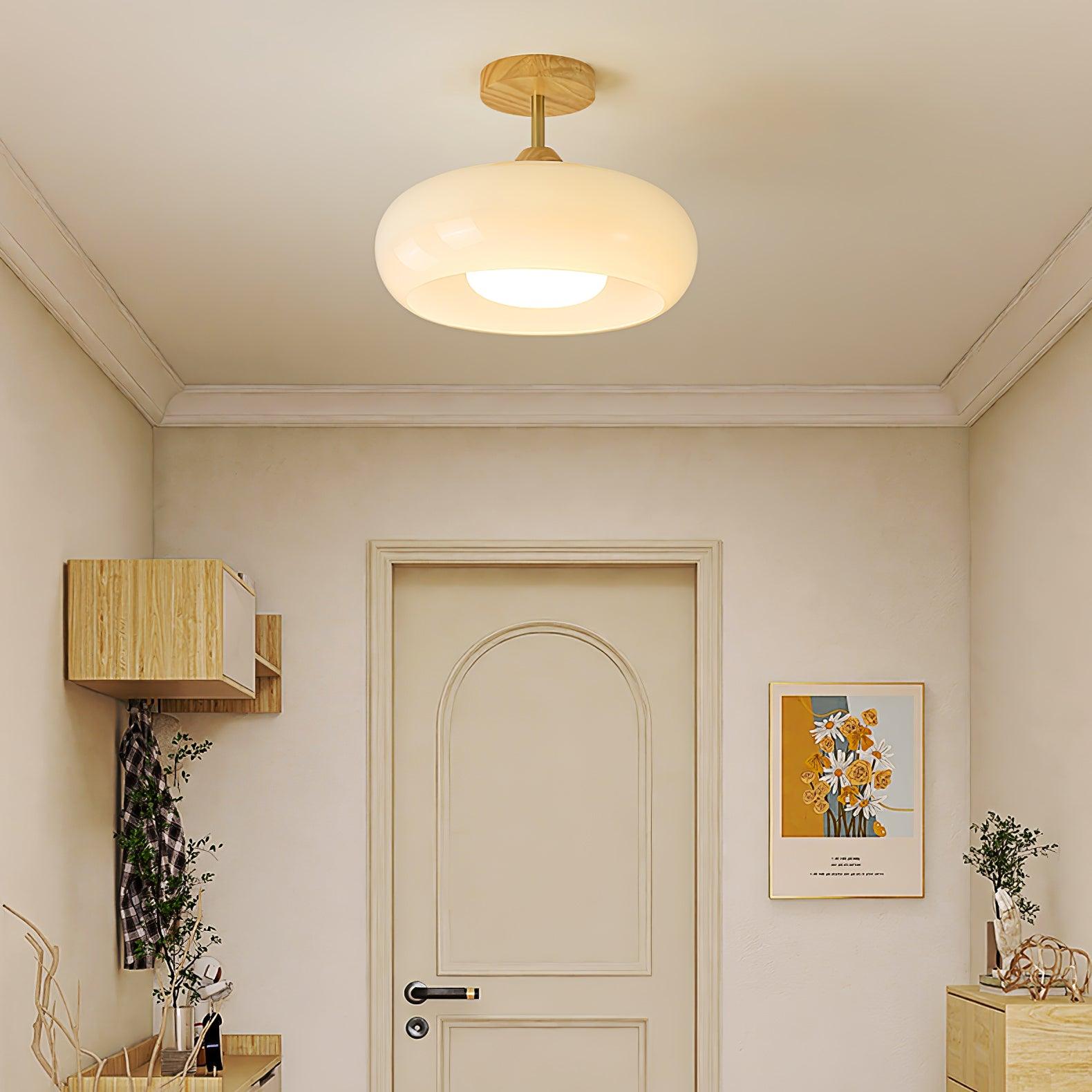 Bauhaus Ceiling Lamp — Glass and Wood Disc Design, 28cm Diameter, White or Orange