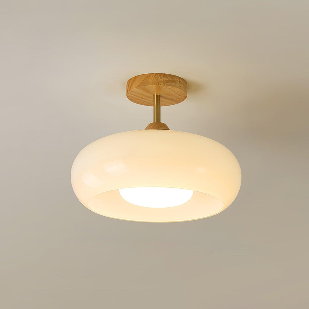 Bauhaus Ceiling Lamp — Glass and Wood Disc Design, 28cm Diameter, White or Orange