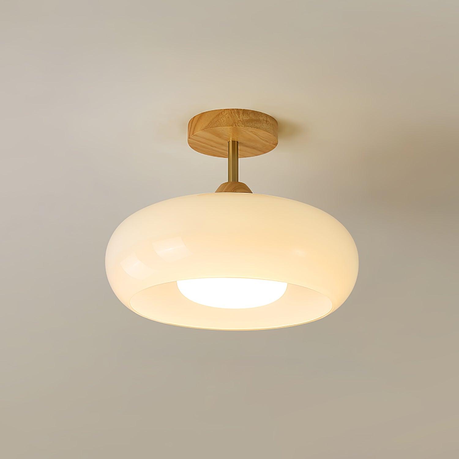 Bauhaus Ceiling Lamp — Glass and Wood Disc Design, 28cm Diameter, White or Orange