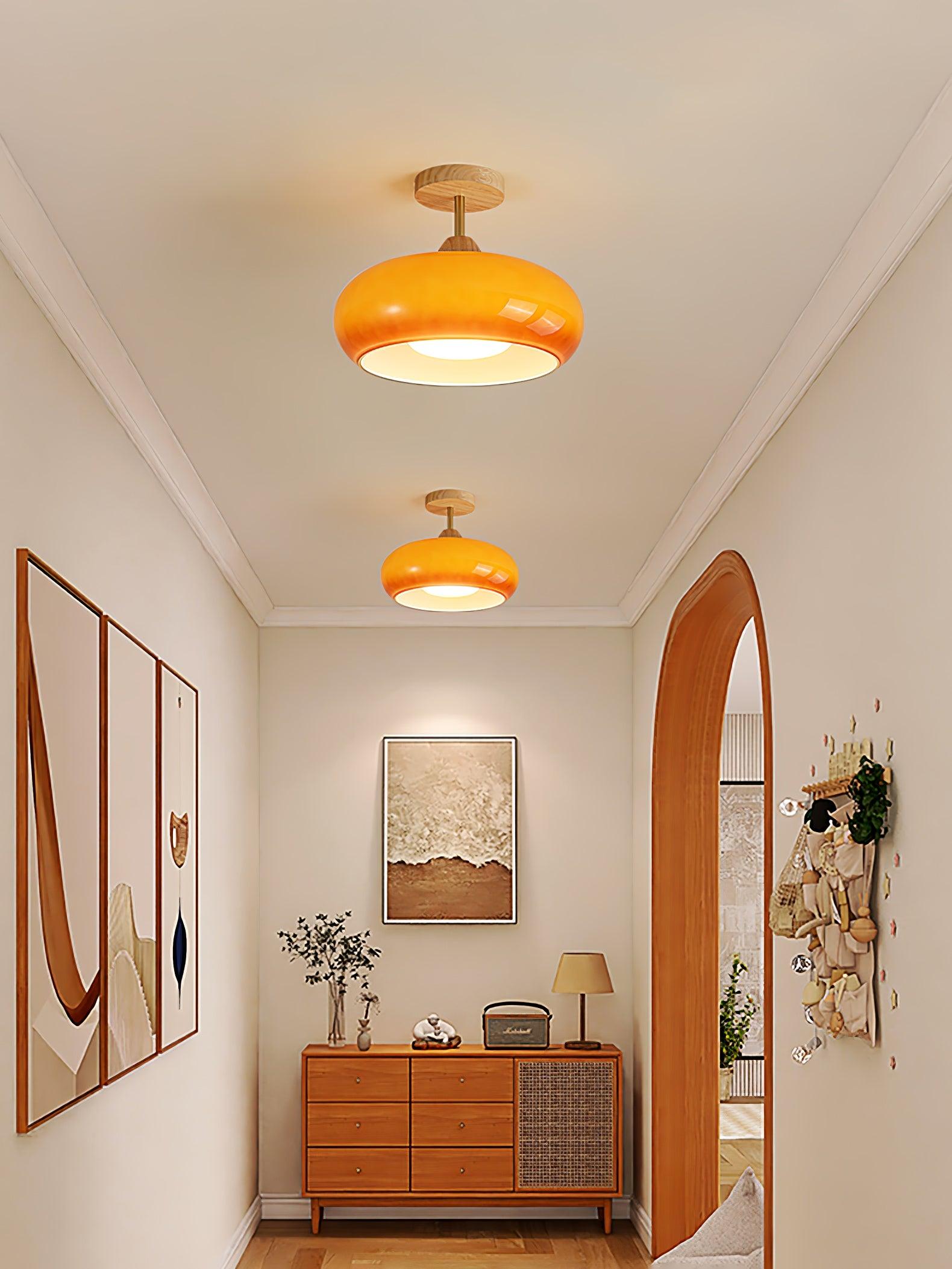 Bauhaus Ceiling Lamp — Glass and Wood Disc Design, 28cm Diameter, White or Orange