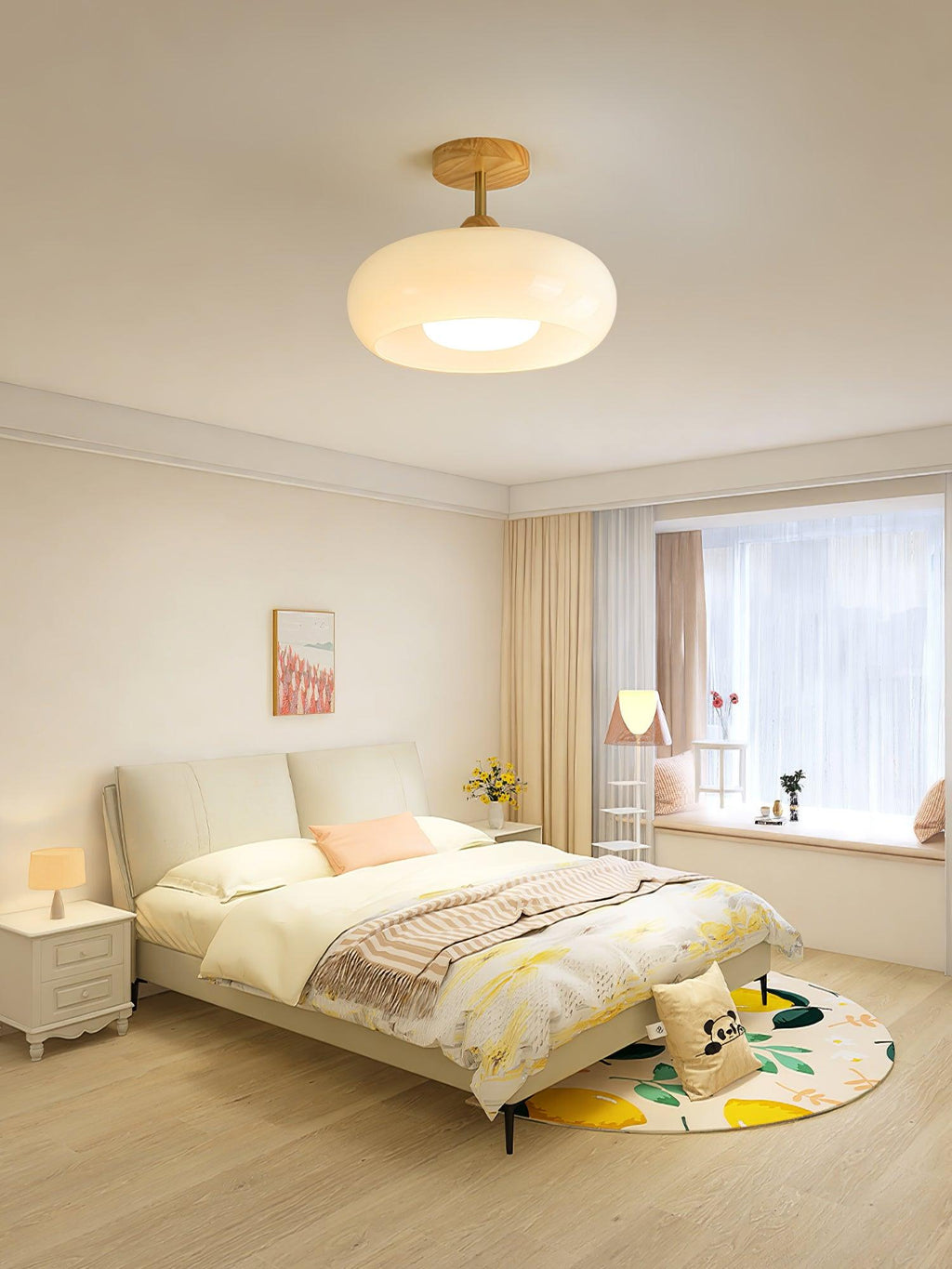Bauhaus Ceiling Lamp — Glass and Wood Disc Design, 28cm Diameter, White or Orange