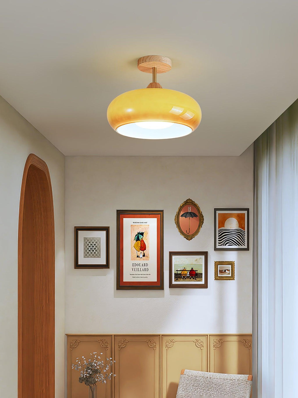 Bauhaus Ceiling Lamp — Glass and Wood Disc Design, 28cm Diameter, White or Orange