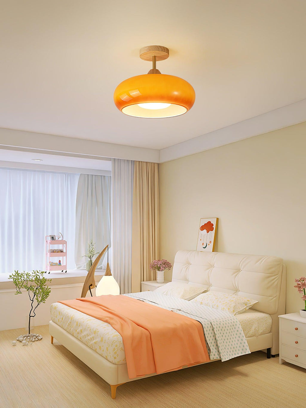 Bauhaus Ceiling Lamp — Glass and Wood Disc Design, 28cm Diameter, White or Orange