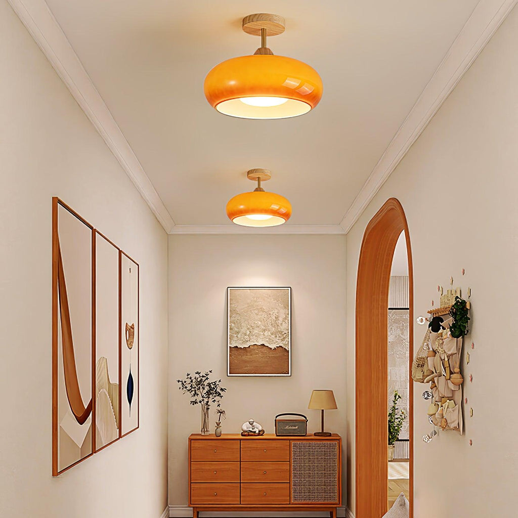 Bauhaus Ceiling Lamp — Glass and Wood Disc Design, 28cm Diameter, White or Orange