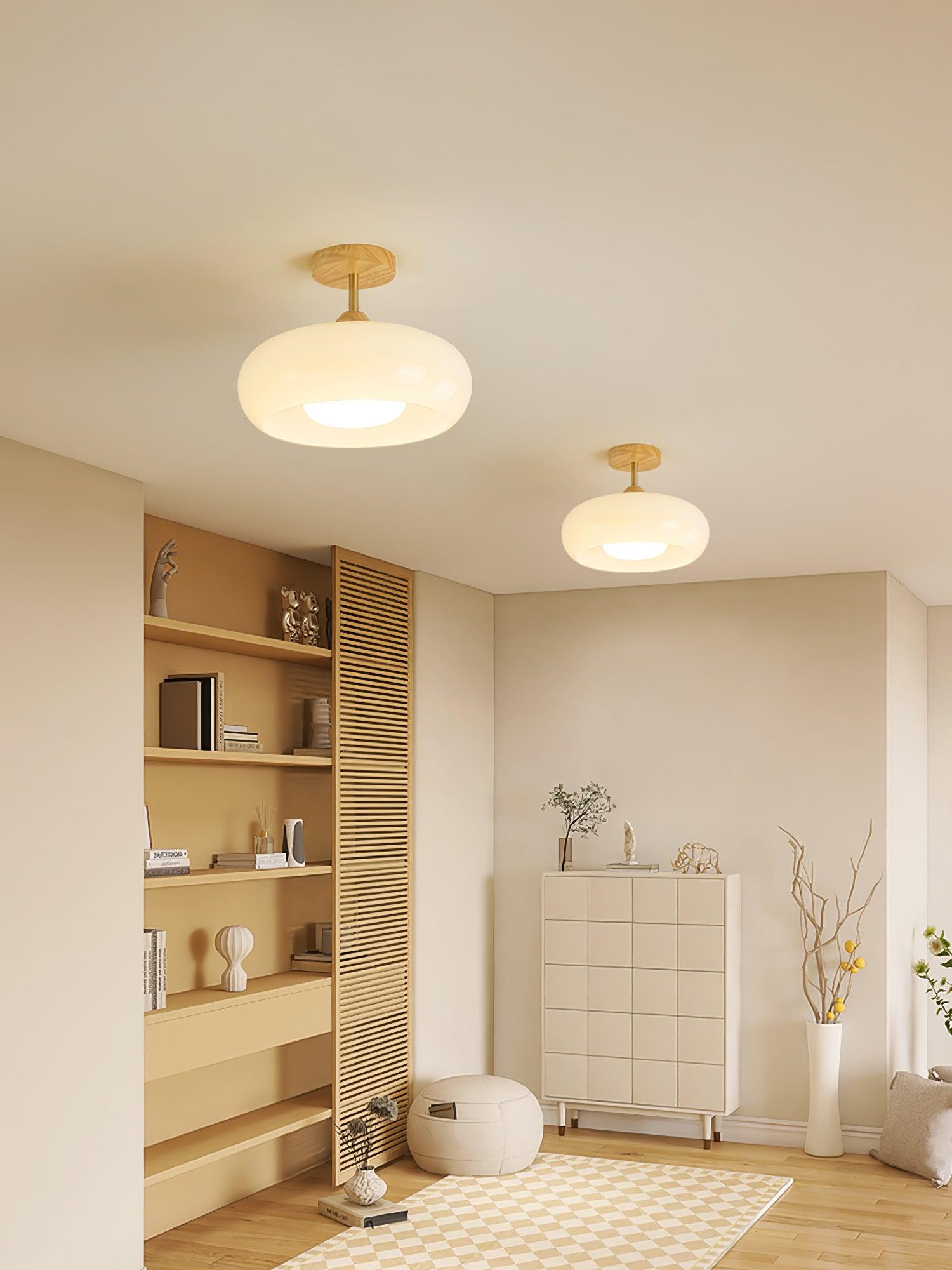 Bauhaus Ceiling Lamp — Glass and Wood Disc Design, 28cm Diameter, White or Orange