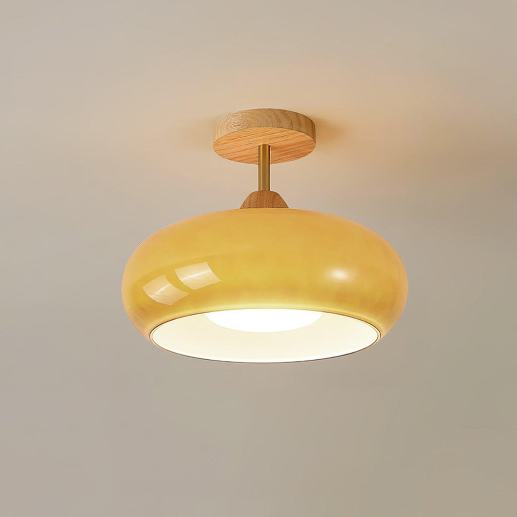 Bauhaus Ceiling Lamp — Glass and Wood Disc Design, 28cm Diameter, White or Orange