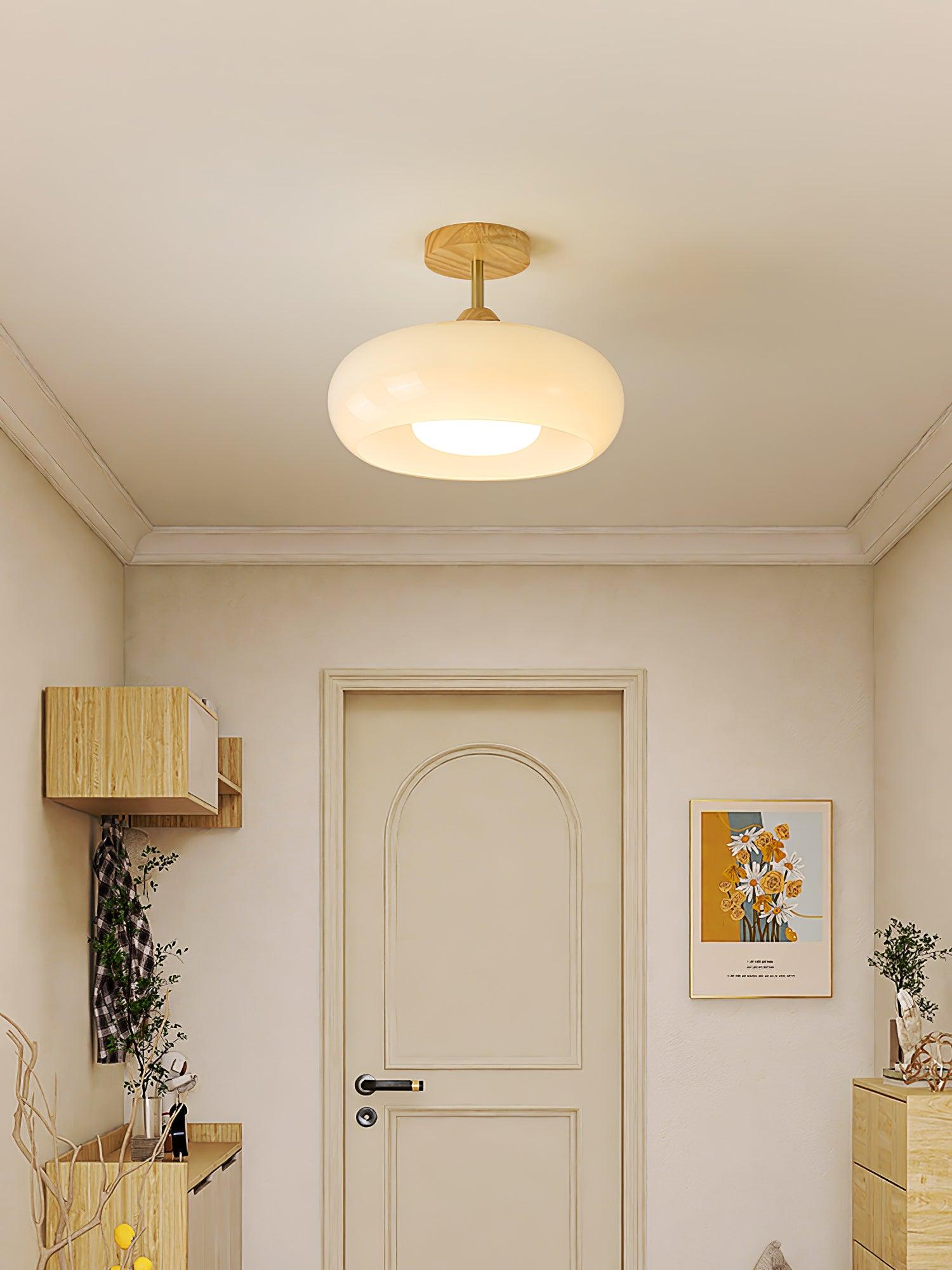 Bauhaus Ceiling Lamp — Glass and Wood Disc Design, 28cm Diameter, White or Orange