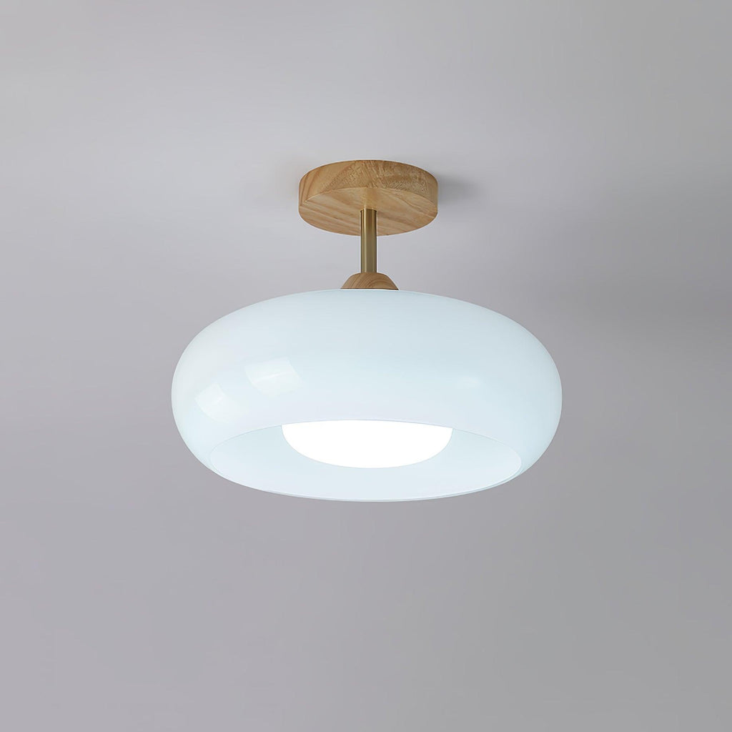 Bauhaus Ceiling Lamp — Glass and Wood Disc Design, 28cm Diameter, White or Orange