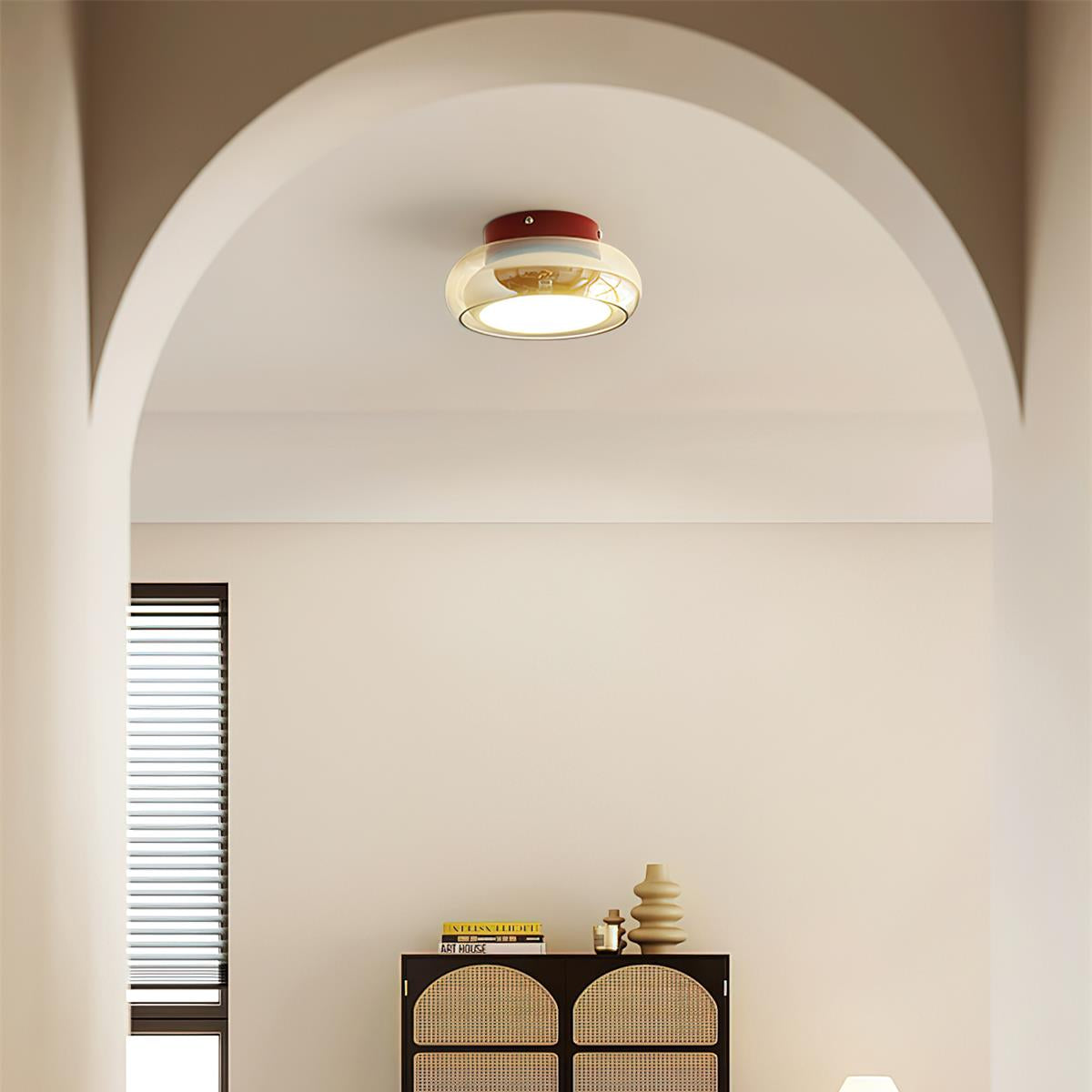 Cognac Glass Ceiling Lamp — Red Accent Ring, Three Color LED, Hardwired Connection