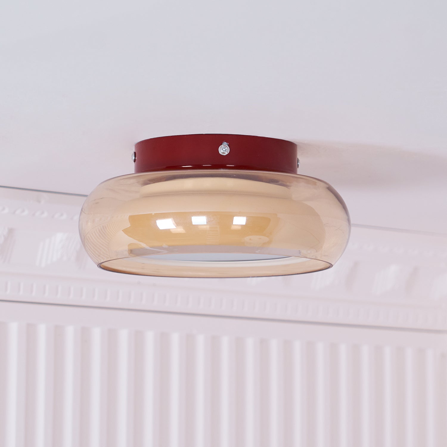 Cognac Glass Ceiling Lamp — Red Accent Ring, Three Color LED, Hardwired Connection