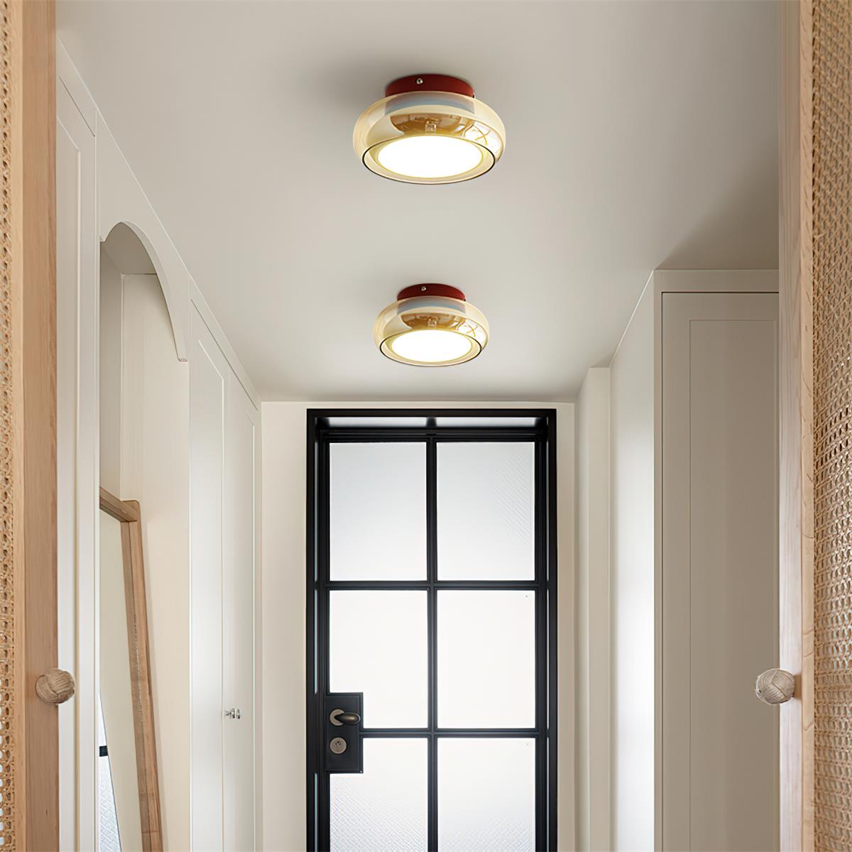 Cognac Glass Ceiling Lamp — Red Accent Ring, Three Color LED, Hardwired Connection