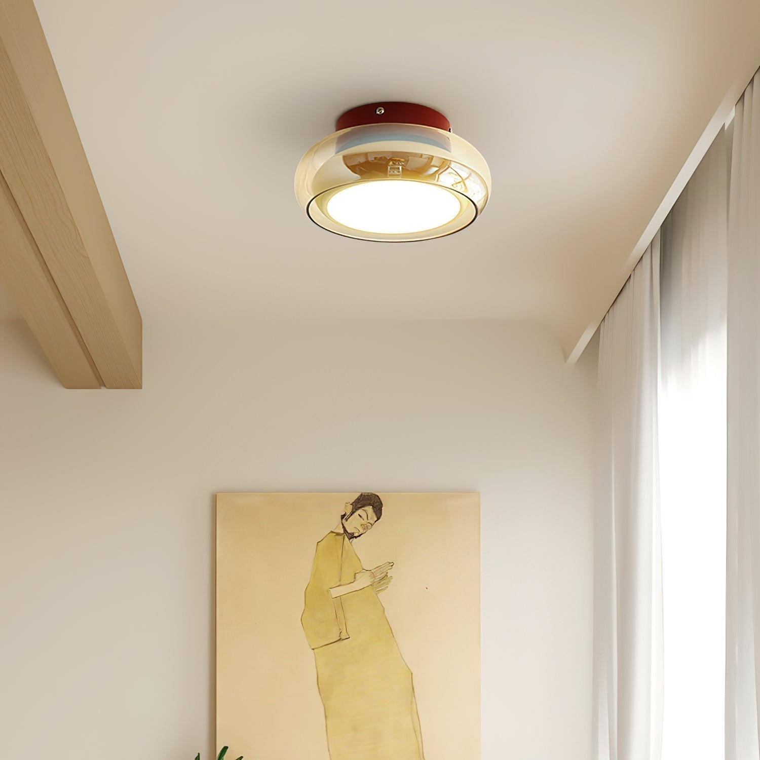 Cognac Glass Ceiling Lamp — Red Accent Ring, Three Color LED, Hardwired Connection