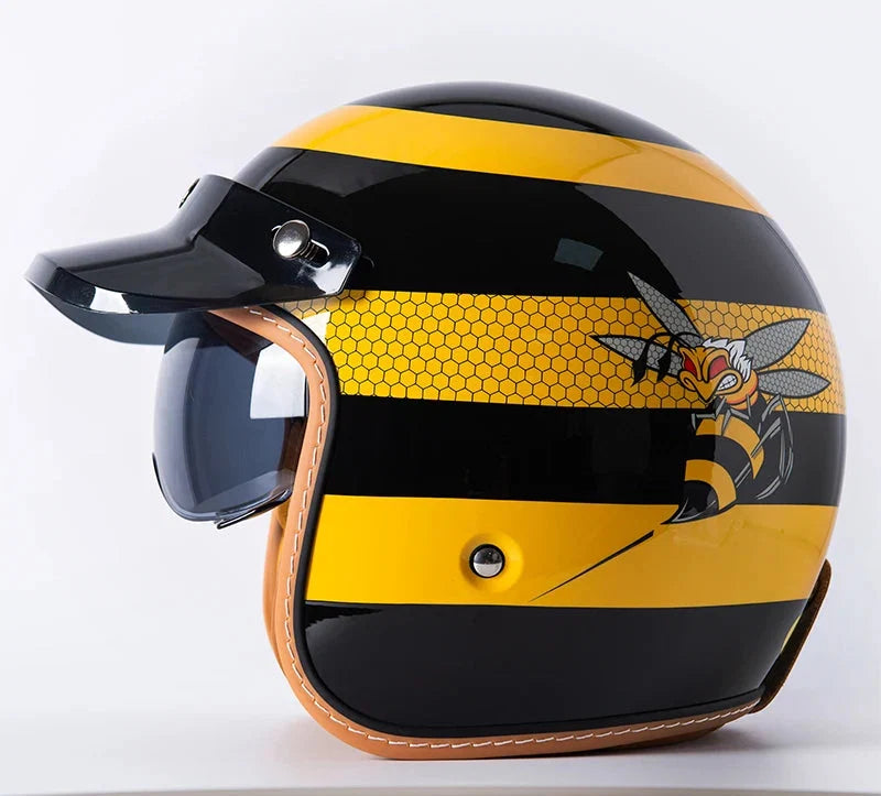 Retro Bee Open Face Motorcycle Helmet — Retractable Built-In Visor