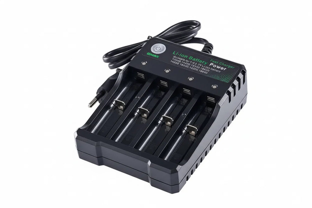 Independent 4-Slot Li-Ion Battery Charger — 18650 and 18500 Compatible, Auto Cut Off