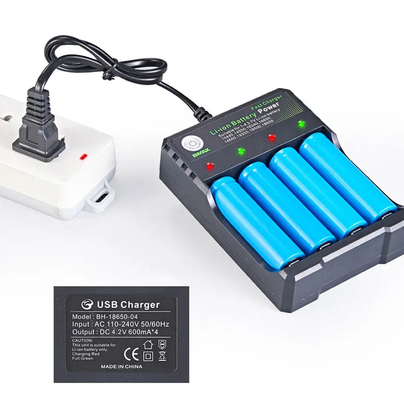 Independent 4-Slot Li-Ion Battery Charger — 18650 and 18500 Compatible, Auto Cut Off