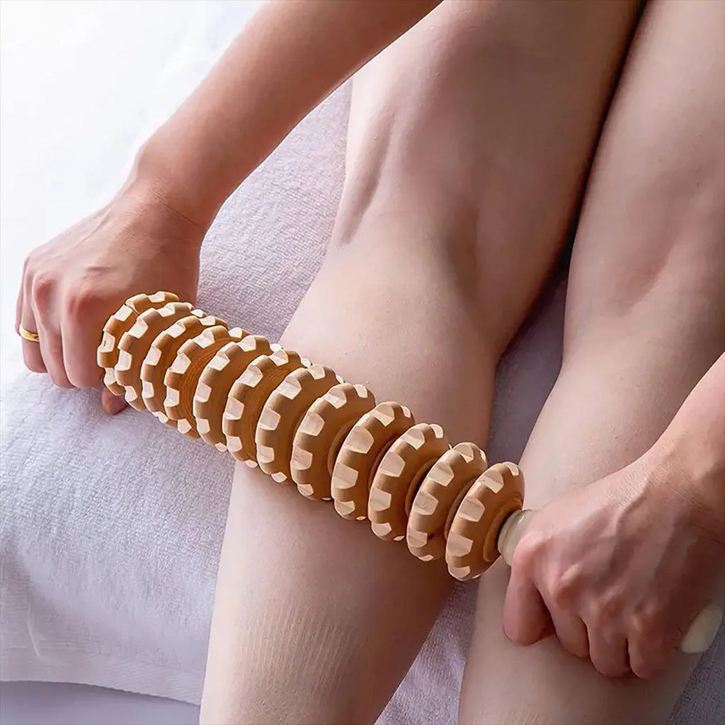 Wooden Manual Fascia Roller — Nine Rotating Rollers, Non-Slip Handle, Ergonomic Design