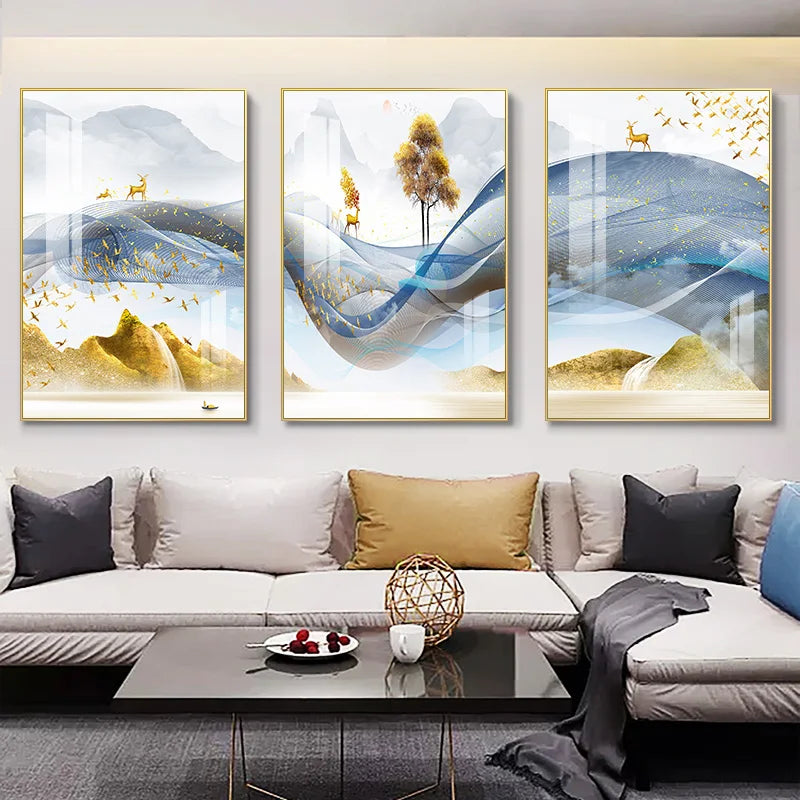 Cuadro mural nórdico abstracto dorado de ciervos, 3 piezas — Impresiones sobre lienzo