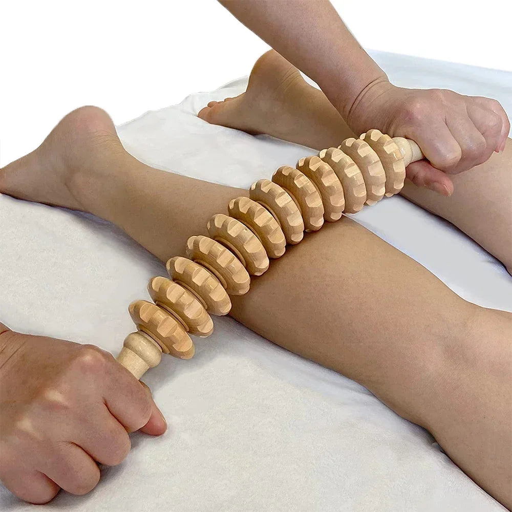 Wooden Manual Fascia Roller — Nine Rotating Rollers, Non-Slip Handle, Ergonomic Design