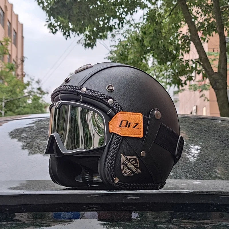 Open Face Motorcycle Helmet — Vintage PU Leather, DOT Approved