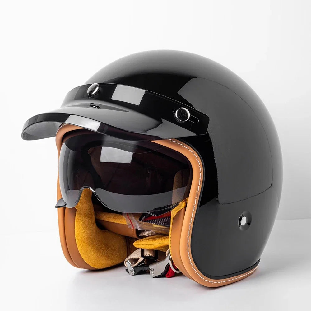 Retro Bee Open Face Motorcycle Helmet — Retractable Built-In Visor