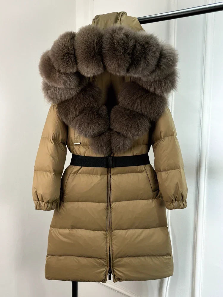 Langer Damenparka Ivy — 90 % weiße Entendaunen, Fuchspelzkragen