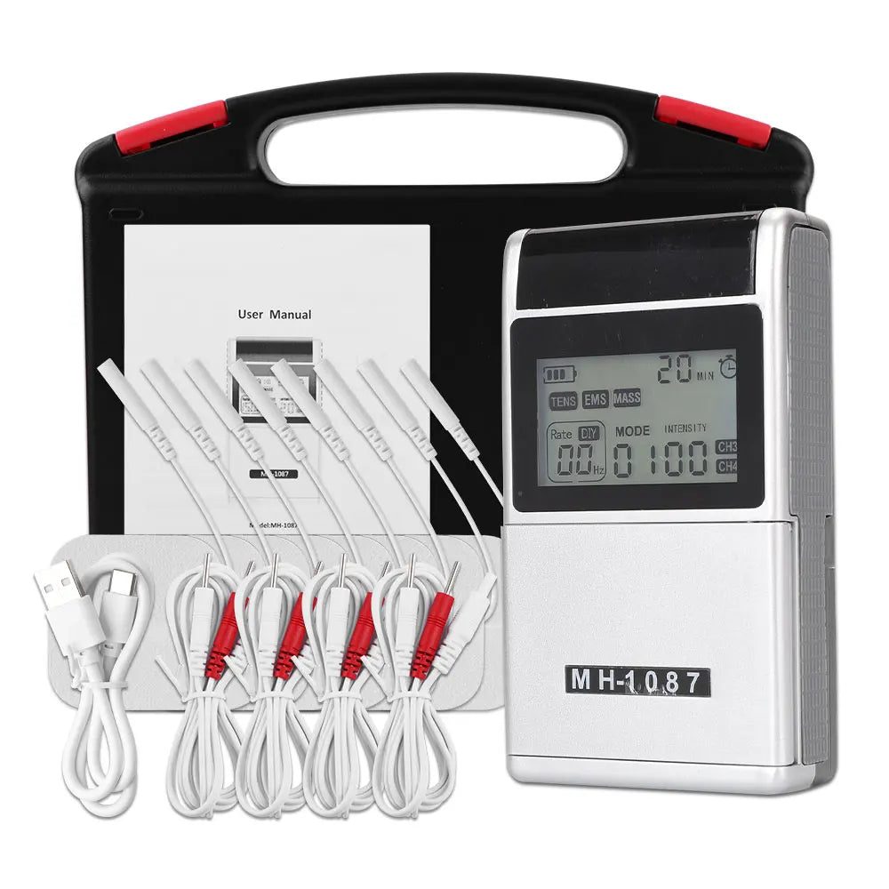Eletroestimulador muscular TENS/EMS de canal duplo — intensidade ajustável, dois canais independentes, elétrodos adesivos