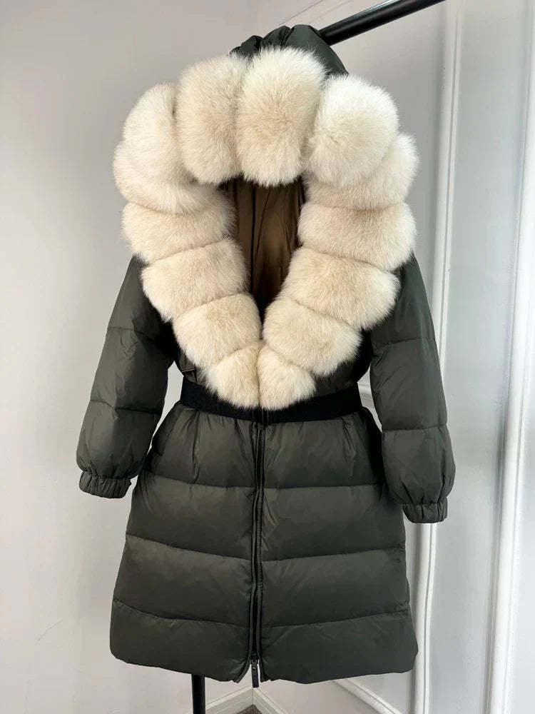 Langer Damenparka Ivy — 90 % weiße Entendaunen, Fuchspelzkragen